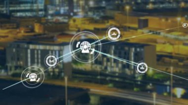 Animation of network of connections with icons over cityscape. Global connections, computing and digital interface concept digitally generated video.