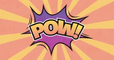 Sarı arkaplandaki çizgilerin üzerindeki pow metninin animasyonu. Sosyal medya ve dijital arayüz konsepti dijital olarak oluşturulmuş video.