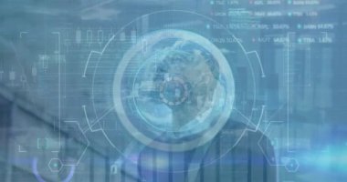 Afro-Amerikan iş adamının finansal veri işleme ve taramasının animasyonu. Küresel teknoloji, finans ve dijital arayüz kavramı dijital olarak oluşturulmuş video.
