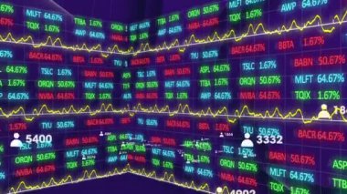 Hisse senedi piyasasında kara fon üzerinde rakamları olan fsosyal medya simgelerinin canlandırılması. Küresel teknoloji, finans ve dijital arayüz kavramı dijital olarak oluşturulmuş video.