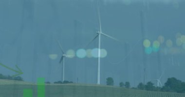 Rüzgar türbinleri üzerinde veri işleme animasyonu. küresel iş ve dijital arayüz kavramı dijital olarak oluşturulmuş video.