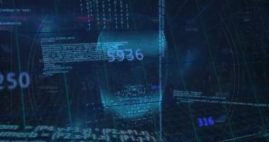 Siyah arka planda dijital insan yüzü üzerinde veri işleme animasyonu. Küresel teknoloji, bilgisayar ve dijital arayüz kavramı dijital olarak oluşturulmuş video.