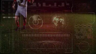 Futbolcu üzerinden veri işleme animasyonu. Küresel spor ve yarışma konsepti dijital olarak oluşturulmuş video.