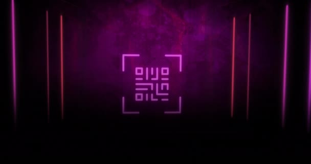 紫色の背景にQrコードのアニメーション グローバル技術 コンピューティング デジタルインターフェースの概念デジタル生成されたビデオ — ストック動画