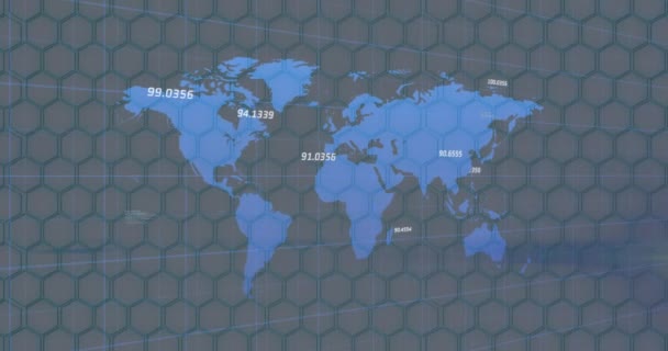Animación Del Mapa Del Mundo Con Procesamiento Datos Sobre Hexágonos — Vídeos de Stock