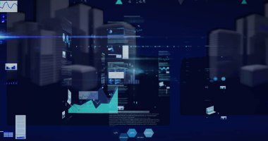 3D şehir manzarası üzerinde istatistik ve veri işleme resimleri. küresel veri işleme, dijital arayüz ve dijital olarak oluşturulmuş görüntü konsepti.