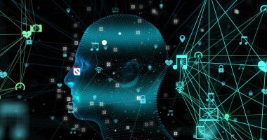 Dijital arayüz bağlantılarıyla dönen insan kafası görüntüsü. küresel teknoloji bilgi bağlantısı ağ konsepti dijital olarak oluşturulmuş görüntü.