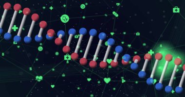 Siyah üzerine yeşil simge ağı olan 3D DNA ipliğini döndürme resmi. Küresel tıp bilimi araştırma teknolojisi ve veri iletişim konsepti, dijital olarak oluşturulmuş görüntü.