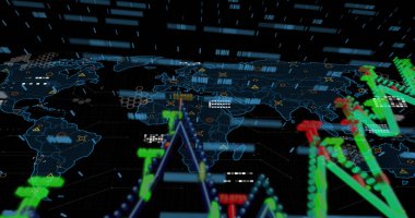 Arkaplanda dijital veri işleme ve dünya haritasının resmi. Küresel bilim, bağlantılar, veri işleme ve dijital arayüz kavramı dijital olarak oluşturuldu.