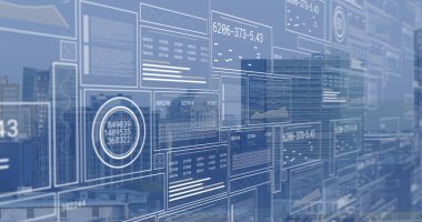 Şehir manzarası üzerinde dijital veri işleme resmi. Küresel bağlantılar, teknoloji ve dijital arayüz konsepti dijital olarak oluşturuldu.