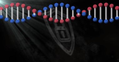 3D DNA iplikçikleri, beyaz asma kilit sembollü, siyah ışıklarla çevrili. küresel tıp bilimi araştırma teknolojisi, dijital veri ve güvenlik konsepti, dijital olarak oluşturulmuş görüntü.