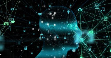 Dijital arayüz bağlantılarıyla dönen insan kafası görüntüsü. küresel teknoloji bilgi bağlantısı ağ konsepti dijital olarak oluşturulmuş görüntü.