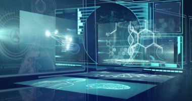 Dijital ekranda tarama ve tıbbi veri işleme dürbünü görüntüsü. global medicien, teknoloji ve dijital arayüz kavramı dijital olarak oluşturulmuş görüntü.