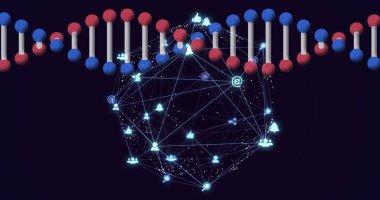 Siyah üzerine bağlı ikon dünya ağıyla 3D DNA ipliğini döndürme görüntüsü. küresel tıp bilimi araştırma teknolojisi, dijital veri ve iletişim konsepti, dijital olarak oluşturulmuş görüntü.