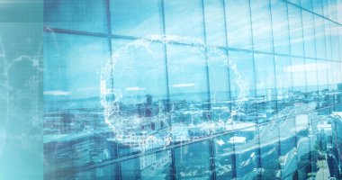 Modern bina ve şehir manzarası üzerinde tıbbi veri işleme ile dönen insan beyni görüntüsü. küresel bilim, araştırma, teknoloji ve dijital arayüz kavramı dijital olarak oluşturulmuş görüntü.