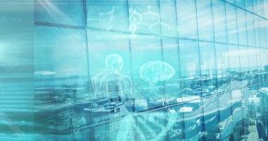 Modern bina ve şehir manzarası üzerinde tıbbi veri işleme resmi. küresel bilim, tıp, teknoloji ve dijital arayüz kavramı dijital olarak oluşturulmuş görüntü.