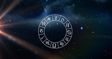 Parlayan güneş ve mavi gökyüzündeki yıldızların üzerindeki zodyak işaretlerinin görüntüsü. Astroloji ve yıldız işaretleri konsepti dijital olarak oluşturulmuş görüntü.