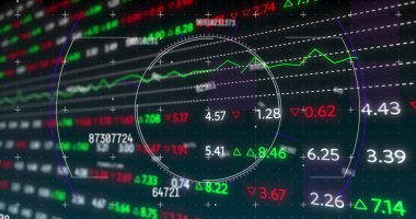 Finansal veri işleme ve tarama görüntüsü. dijital arayüz küresel bağlantı ve dijital olarak oluşturulan iletişim konsepti.