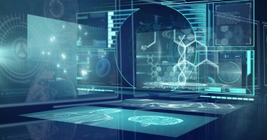 Dijital ekranda tarama ve tıbbi veri işleme dürbünü görüntüsü. global medicien, teknoloji ve dijital arayüz kavramı dijital olarak oluşturulmuş görüntü.