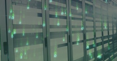 Sunucu odasında dijital veri işleme resmi. Küresel bağlantılar, veri işleme ve dijital arayüz konsepti dijital olarak oluşturulmuş resim.