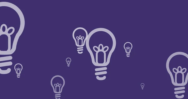 Image of white light bulbs flying up on purple background. global technology, network of connections and digital interface concept digitally generated image.