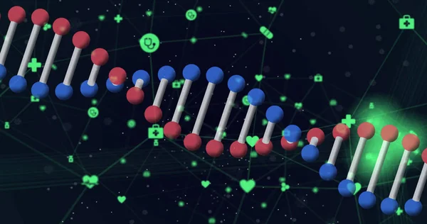 Image of rotating 3d dna strand, with network of green icons on black. global medical science research technology and data communication concept, digitally generated image.