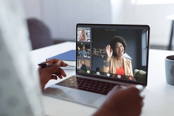Hands African American Woman Having Laptop Video Call Diverse Colleagues — Stock Photo, Image