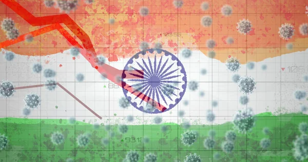 印度国旗上的系数为19的单元格和红线统计 全球联盟19大流行病印地安人保健危机概念数字生成图像 — 图库照片