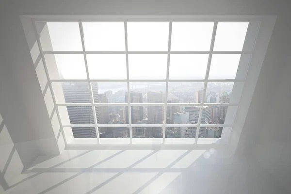 Büyük Pencere Gösteren City Oda — Stok fotoğraf
