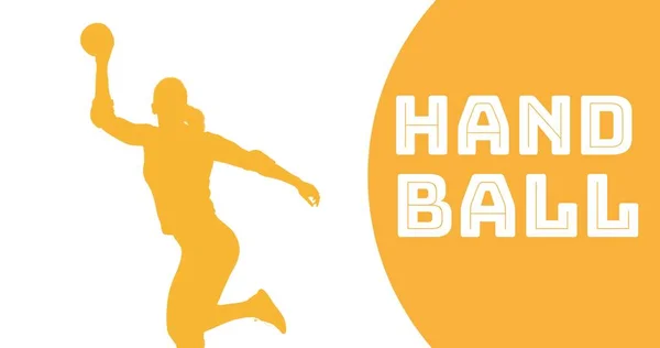 Illustration of orange silhouette female handball player throwing ball with handball text. Copy space, team sport, ball sport, competition, world championship, determination.