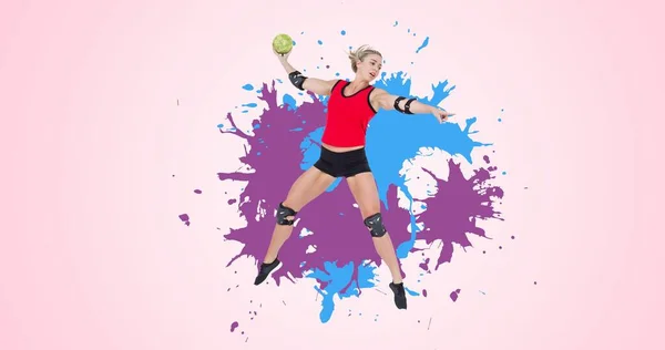 Digitales Zusammengesetztes Bild Einer Kaukasischen Spielerin Die Handball Vor Rosa — Stockfoto
