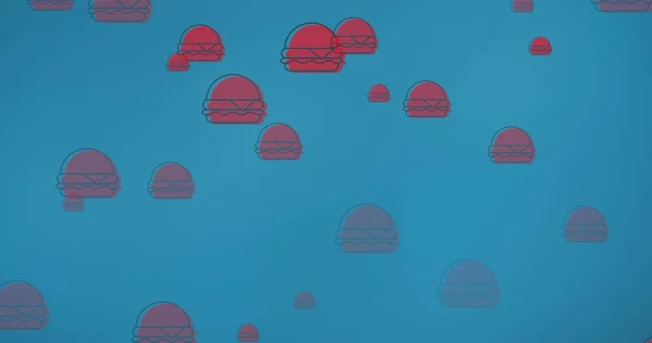 多个红色汉堡包漂浮在蓝色背景上的图像 快餐及饮食业概念数码图像 — 图库照片