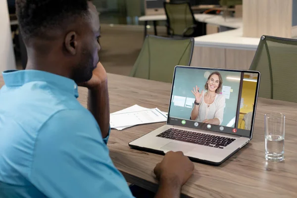 African American Businessman Office Making Laptop Video Call Caucasian Businesswoman — Stock Photo, Image