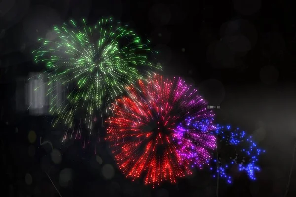 Digital Erzeugte Bunte Feuerwerke Explodieren Auf Schwarzem Hintergrund — Stockfoto