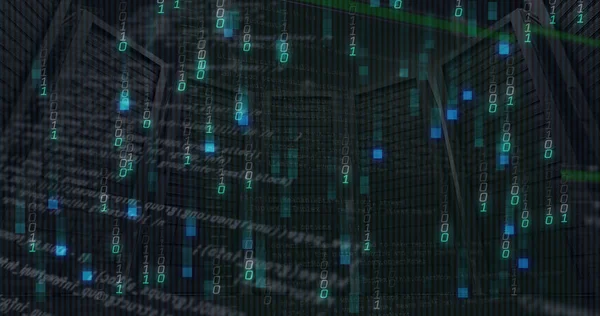 Image of digital data processing over server room. Global connections, data processing and digital interface concept digitally generated image.