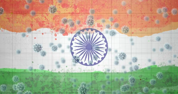 Composition of covid 19 cells and red lines statistics over indian flag. global covid 19 pandemic indian healthcare crisis concept digitally generated image.