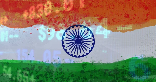 Composition of financial data processing over indian flag. global coronavirus pandemic and indian healthcare crisis concept digitally generated image.