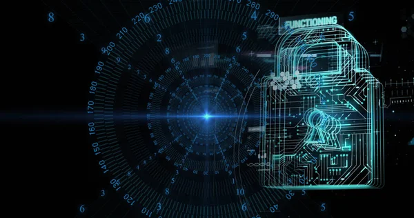 Imagem Processamento Dados Digitais Cadeado Segurança Sobre Fundo Preto Conexões — Fotografia de Stock