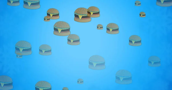 Imagen Múltiples Hamburguesas Con Queso Flotando Sobre Fondo Azul Concepto —  Fotos de Stock