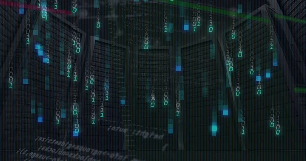 Image of digital data processing over server room. Global connections, data processing and digital interface concept digitally generated image.