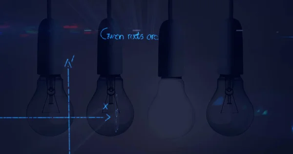 Bild Glödlampor Med Vetenskapliga Formler Och Databehandling Vetenskap Idéer Och — Stockfoto