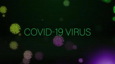 Virüs hücreleri üzerinde covid-19 metnin animasyonu. Küresel iş ve dijital arayüz kavramı dijital olarak oluşturulmuş video.