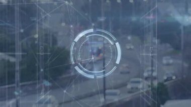 Yuvarlak tarayıcının animasyonu ve şehir trafiğinin hava görüntüsü üzerinden bağlantı ağı. Küresel ağ ve iş teknolojisi kavramı