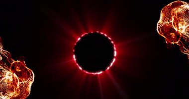 Siyah arka planda alevler ve kırmızı şekiller. Hareket, ışıklar ve şekiller, arkaplan kavramı dijital video oluşturma.