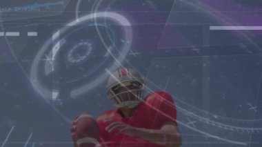 Çift ırklı oyuncunun oynarken ragbi topu atması üzerine çeşitli dijital kalıpların animasyonu. Dijital bileşim, teknoloji, çoklu pozlama, spor, rugby, rekabet.