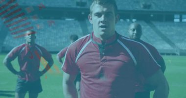 Çeşitli ragbi oyuncularının istatistik ve veri işleme animasyonları. Küresel spor, veri işleme ve bağlantı konsepti dijital olarak oluşturulmuş video.