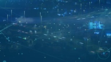 Gece şehir trafiğine karşı bağlantı ağının animasyonu. Küresel ağ ve iş teknolojisi kavramı