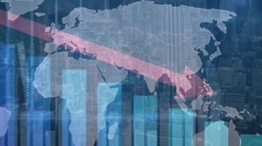 Şehir manzarasının havadan görüntüsüne karşı dünya haritasında istatistiksel veri işleme animasyonu. İş verileri ve analitik teknoloji kavramı
