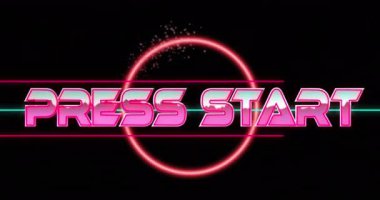 Basın başlangıç metninin animasyonları siyah arkaplan üzerinde. Hareket, ışıklar ve şekiller, arkaplan kavramı dijital video oluşturma.