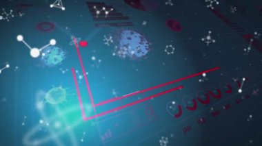 Mavi arkaplan üzerinde covid 19 hücre ve istatistik animasyonu. Küresel covid 19 salgın, sosyal medya, bağlantılar ve veri işleme konsepti dijital olarak oluşturulmuş video.